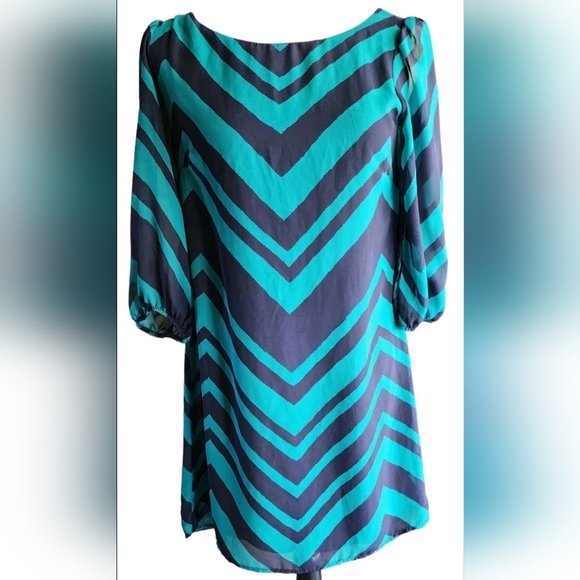 Teeze Me Lined Sheer Shift Dress Teal Green & Navy Chevron Print Women's S - Picture 1 of 15